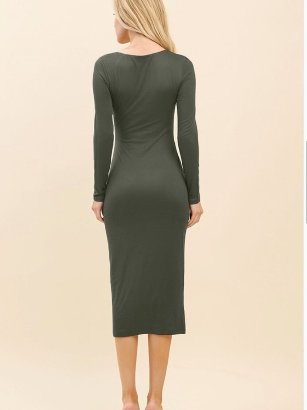 Double Layered Square Neeck Long Sleeve Midi Dress- Thyme - Picture 3 of 3